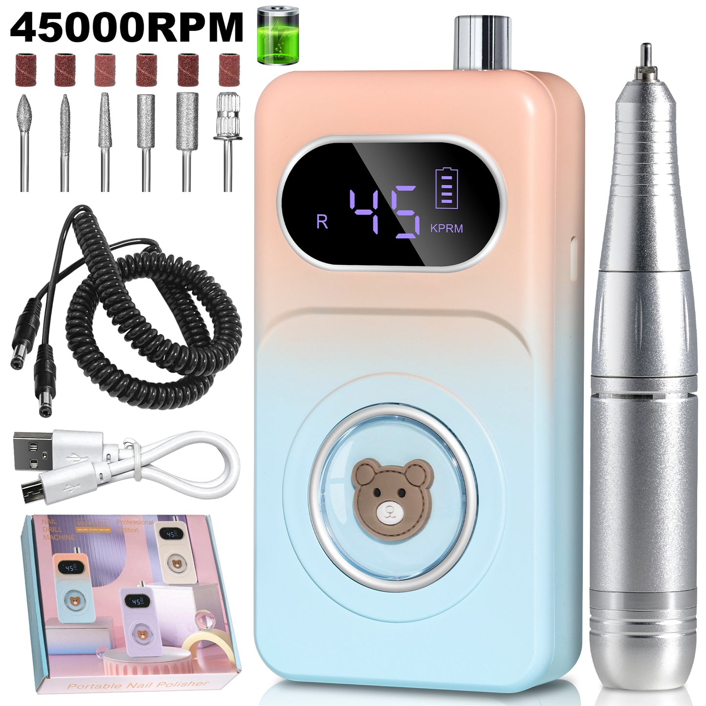 Professional 45000RPM Rechargeable Electric Nail Drill for Acrylic & Gel Nails