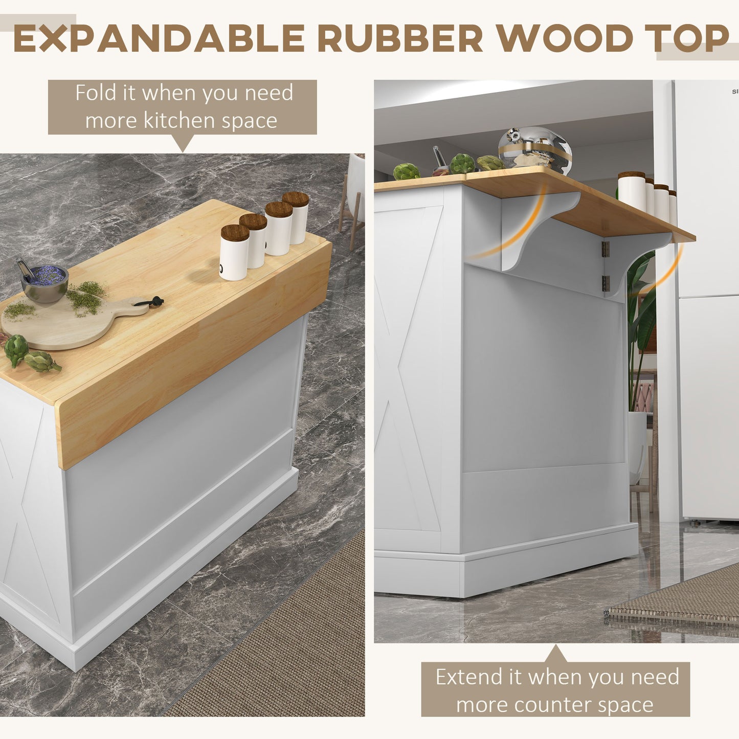 Rolling Kitchen Island with Drop Leaf - White Farmhouse Cart
