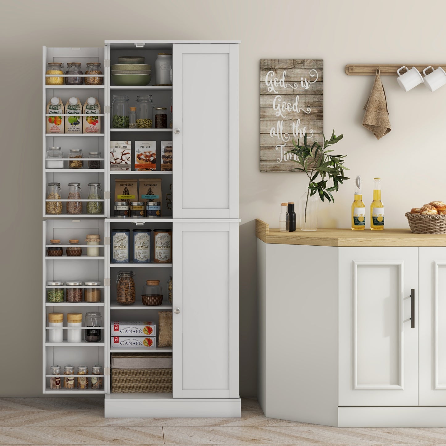 65" Kitchen Pantry Cabinet with 4 Doors and 16 Shelves - White