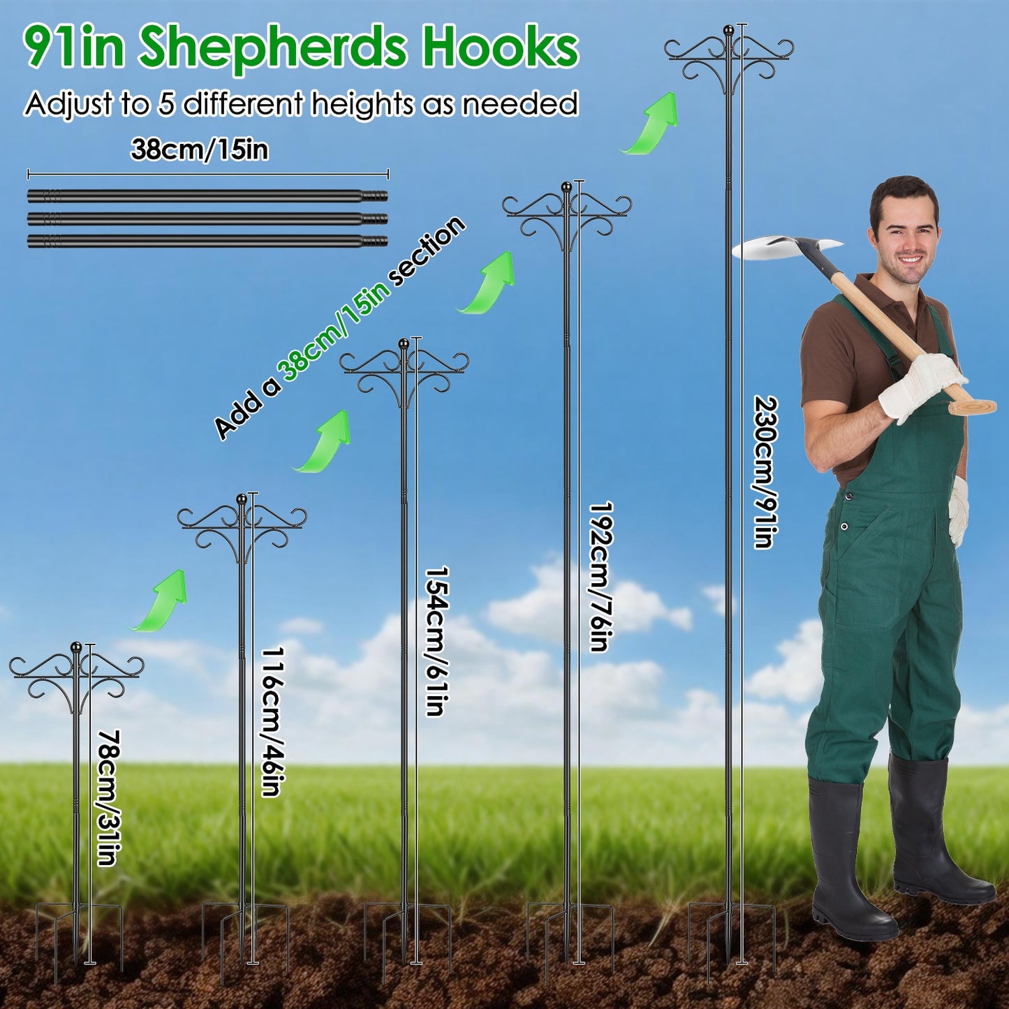 Heavy Duty Double Shepherds Hook Garden Pole - Adjustable Outdoor Bird & Plant Hook
