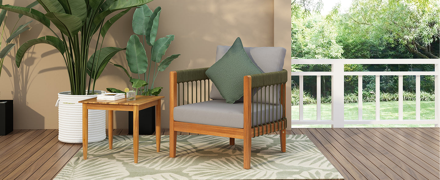 Acacia Wood Outdoor Club Chair With Handwoven Rope Accents & Curved