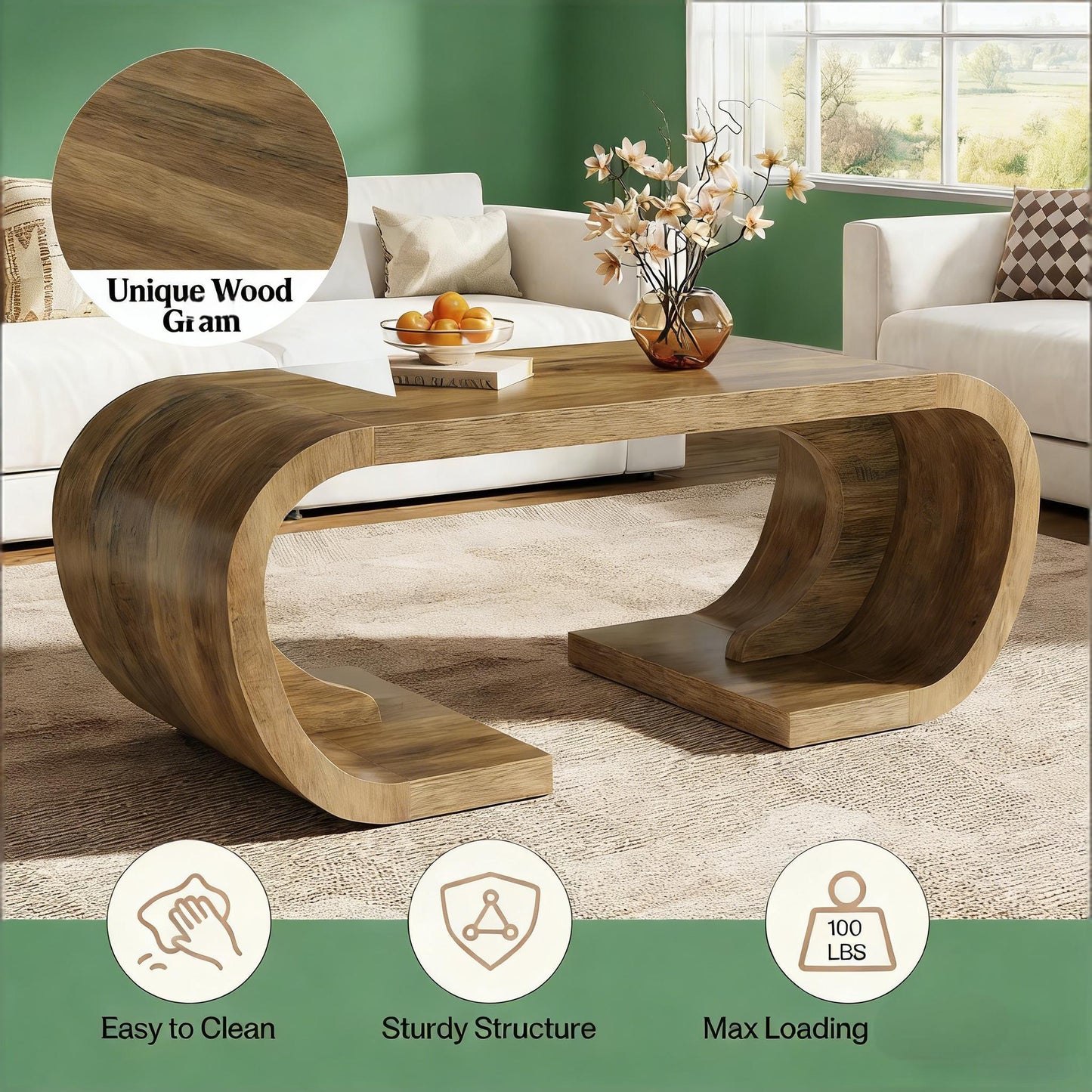 C-Shaped Coffee Table - Artistic Wooden Center Table, Brown