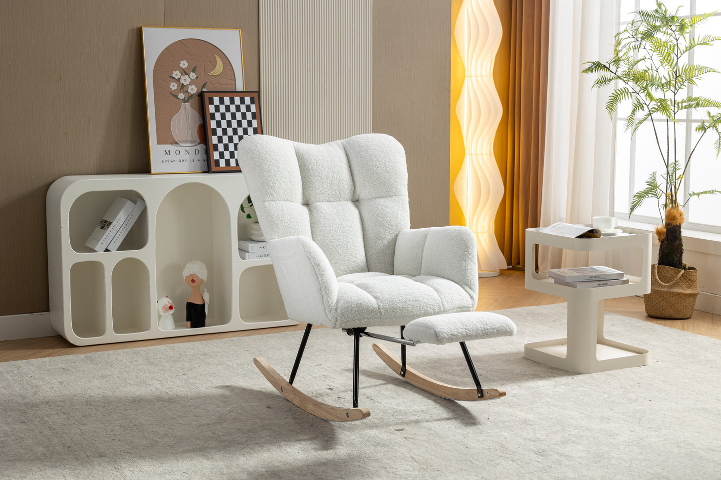 Teddy Fabric Nursery Rocking Chair with Adjustable Footstool - Ivory