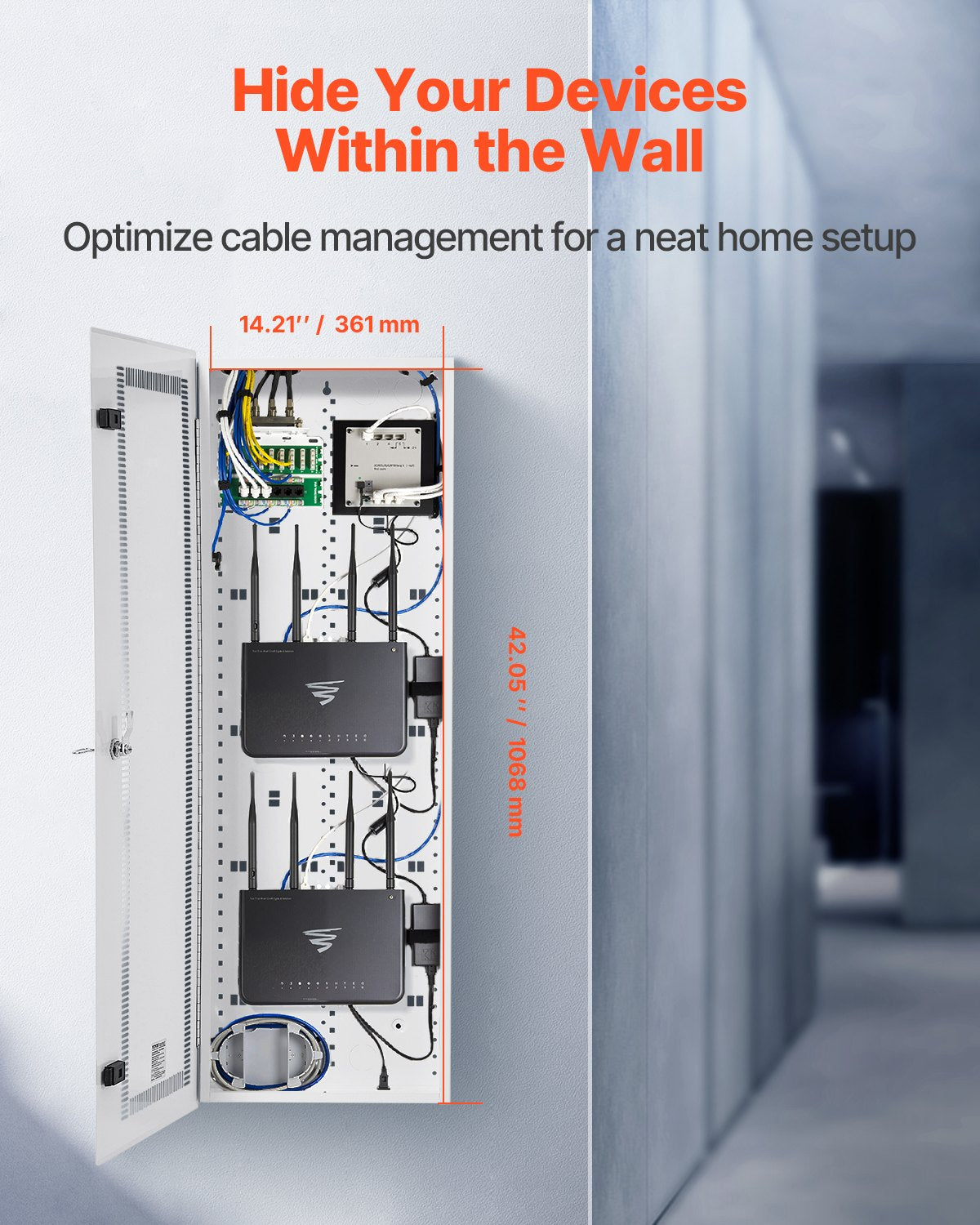 42-Inch Wall-Mount Media Enclosure with Vented Hinged Door and Cable Management - White