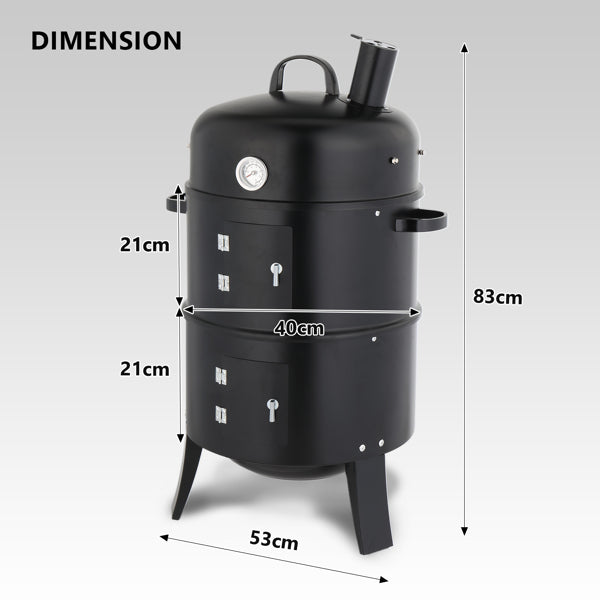 Black Cylindrical Outdoor Smoker with Chimney - Heavy-Duty Iron, 85cm