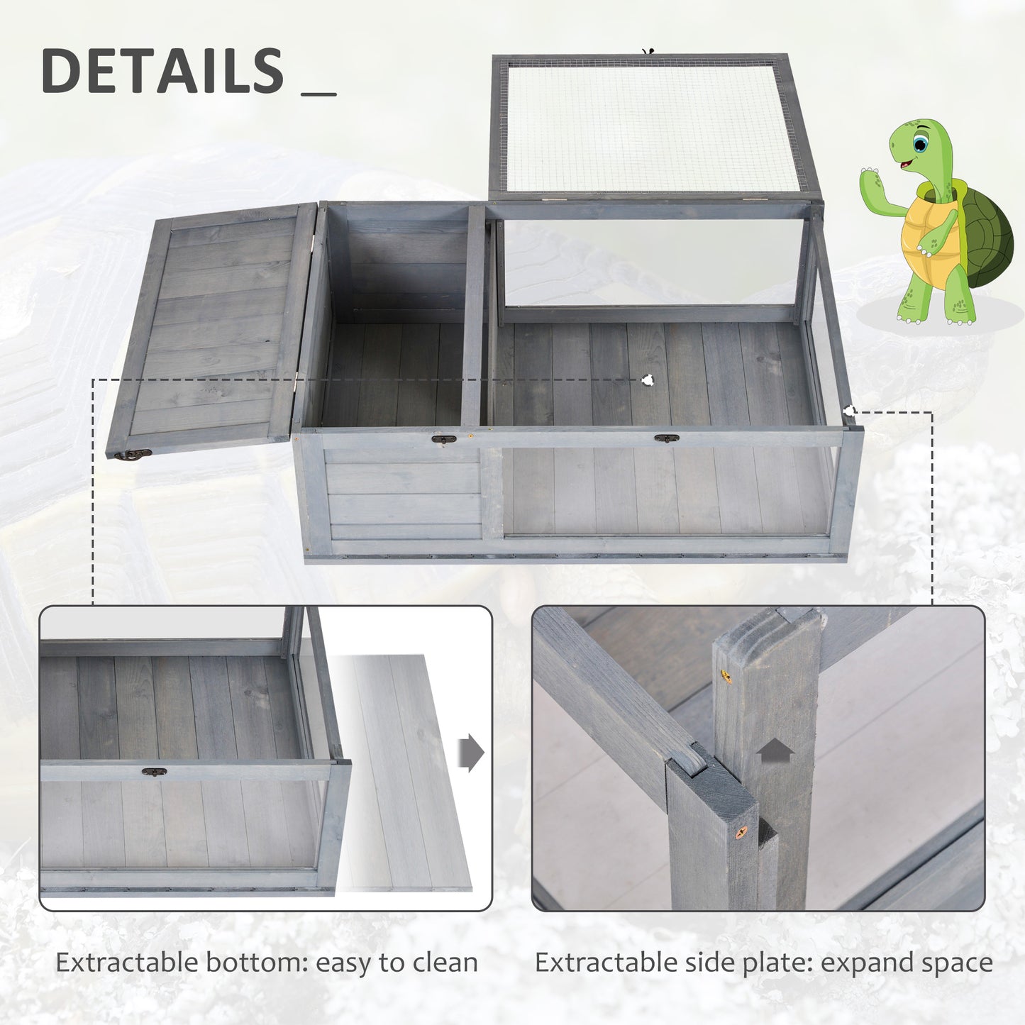 Wooden Reptile Cage with Sliding Tray for Turtles, Lizards, Snakes - Grey