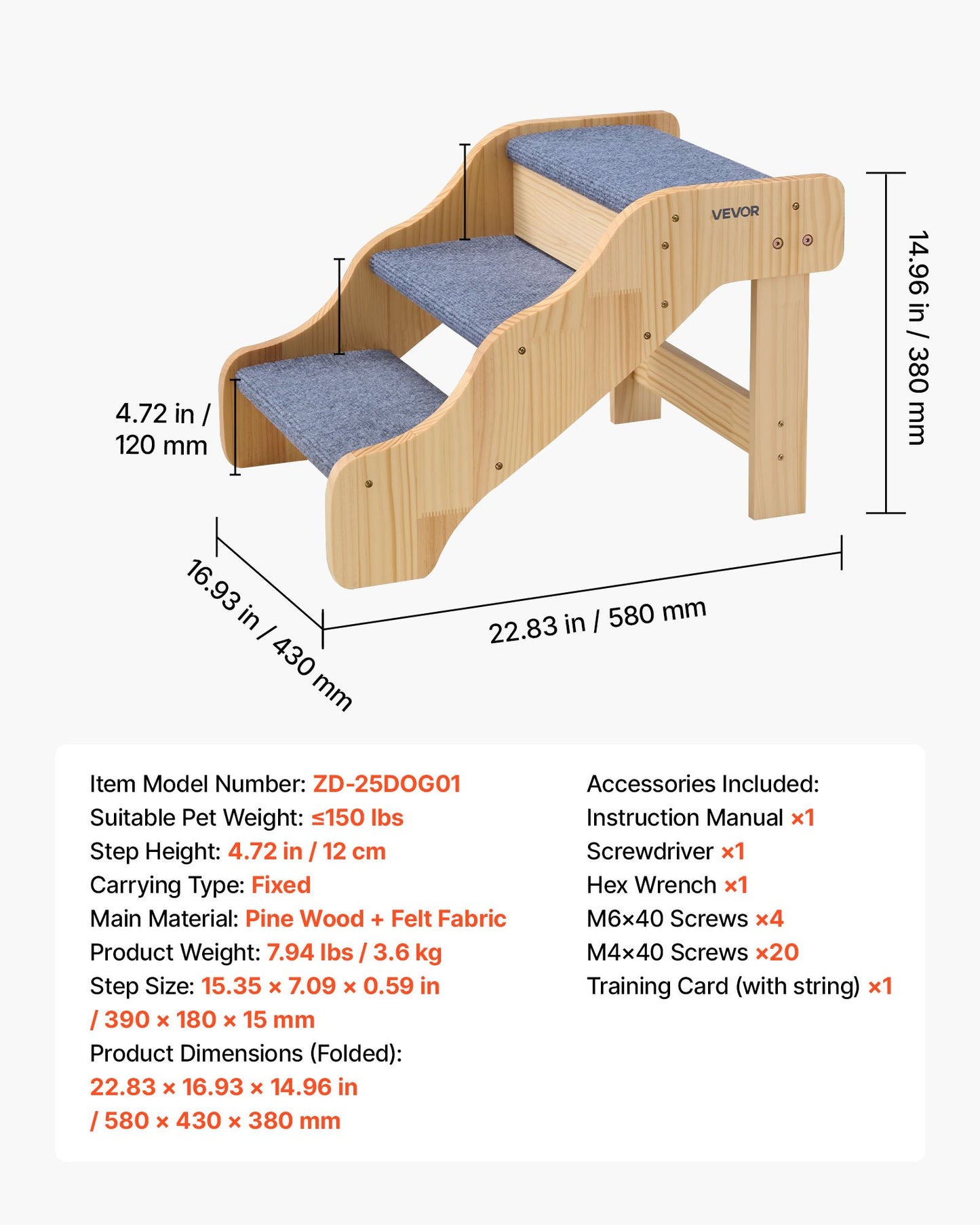 Wood Pet Stairs for Dogs & Cats - 3-Step Non-Slip Pet Ladder with 150lbs Capacity