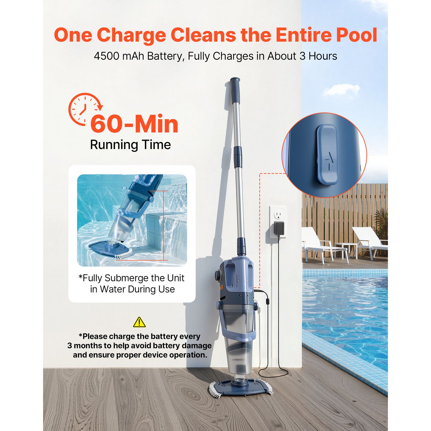 Cordless Handheld Pool Vacuum Cleaner with Extension Pole - 26 GPM, Rechargeable, Leaves & Debris Removal