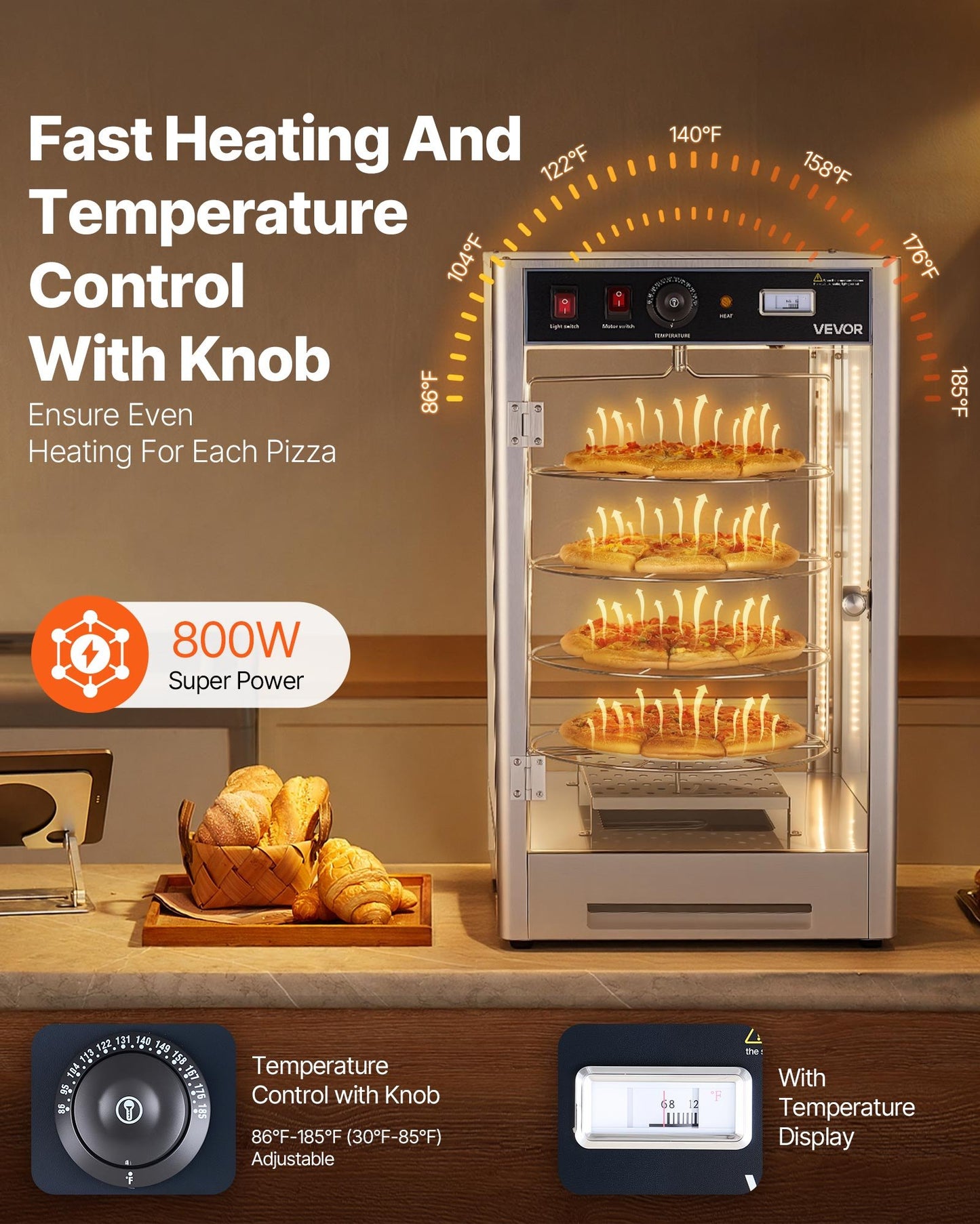 Commercial Pizza Warmer Display 4-Tier Steam Heated Food Warmer with Temp Control