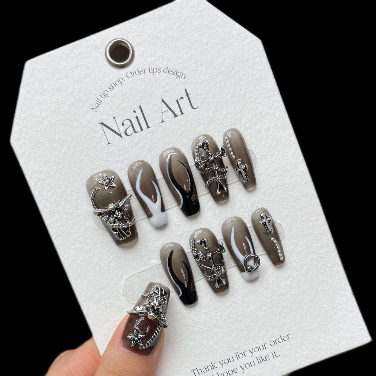 Dark-Style Black and White Nail Art Tips Set for Women