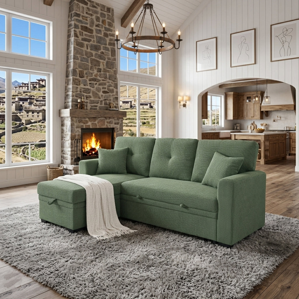 Convertible Sleeper Sofa with Pull-Out Bed & Reversible Chaise - Dark Green