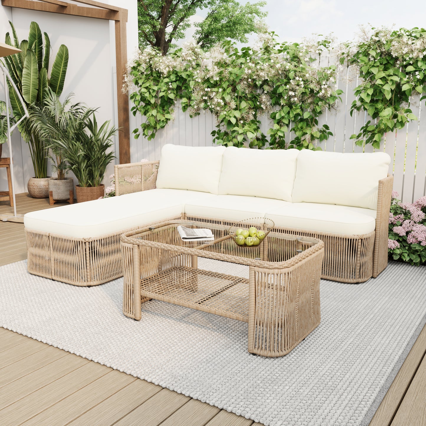 Outdoor Rattan Patio Furniture Set - Dark Beige Wicker Sofa