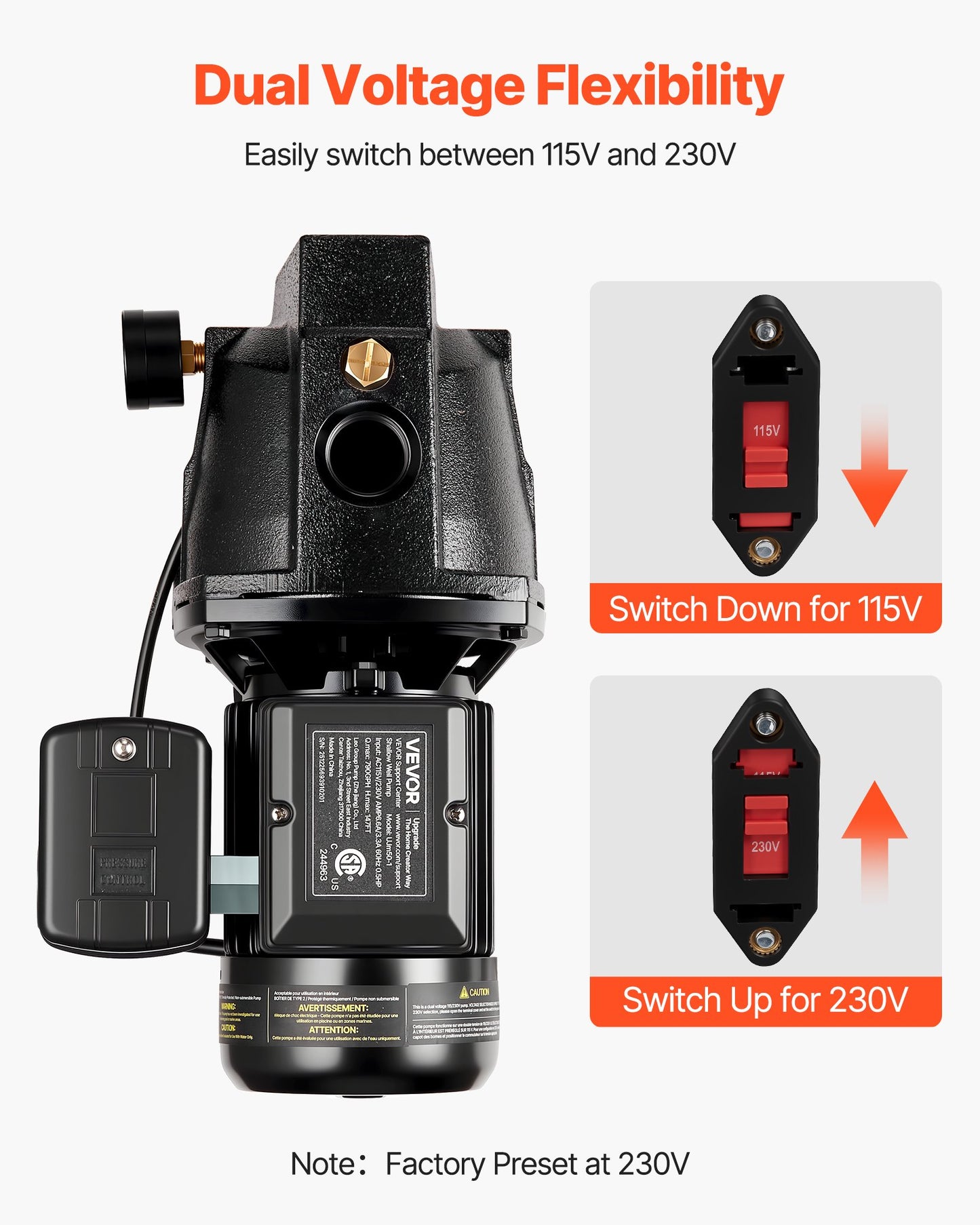 1/2 HP Shallow Well Jet Pump for Garden Irrigation - 115/230V, 790 GPH, Cast Iron