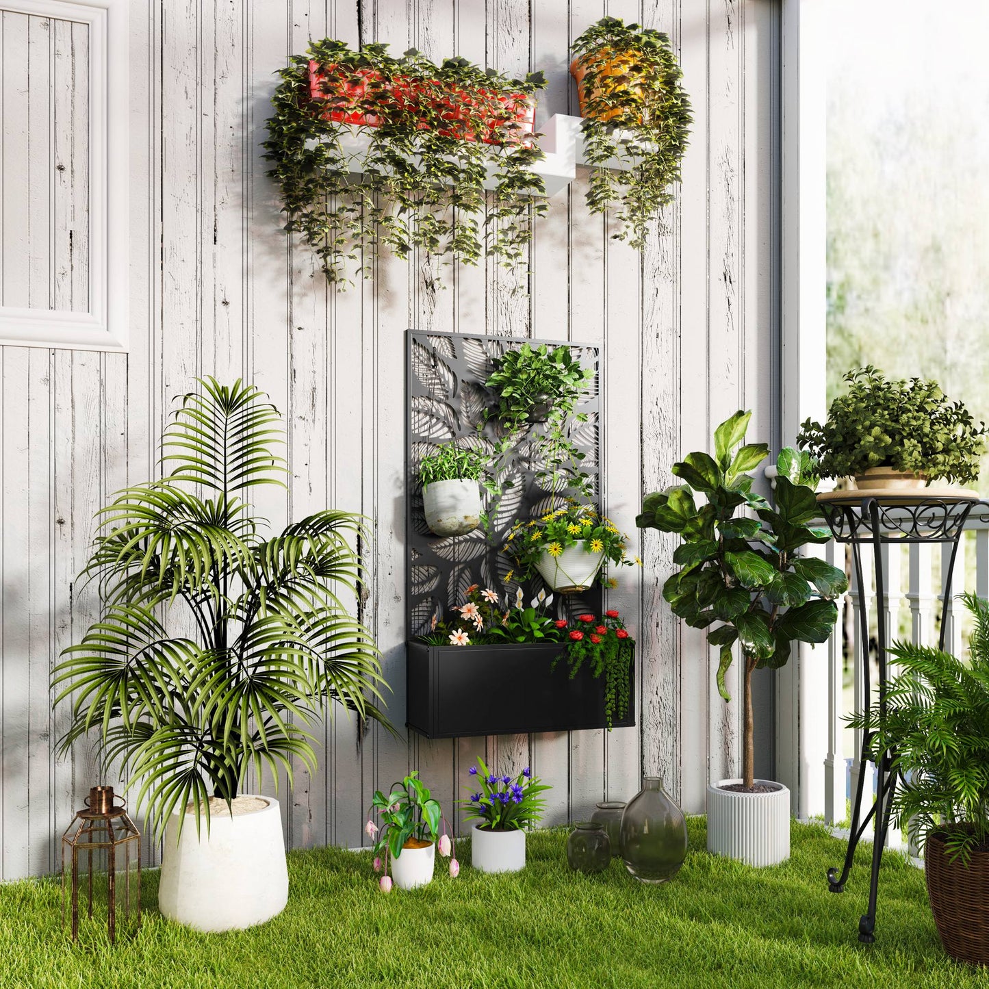 Metal Garden Bed with Trellis for Climbing Plants - Freestanding or Wall Mountable, Black 960x680mm