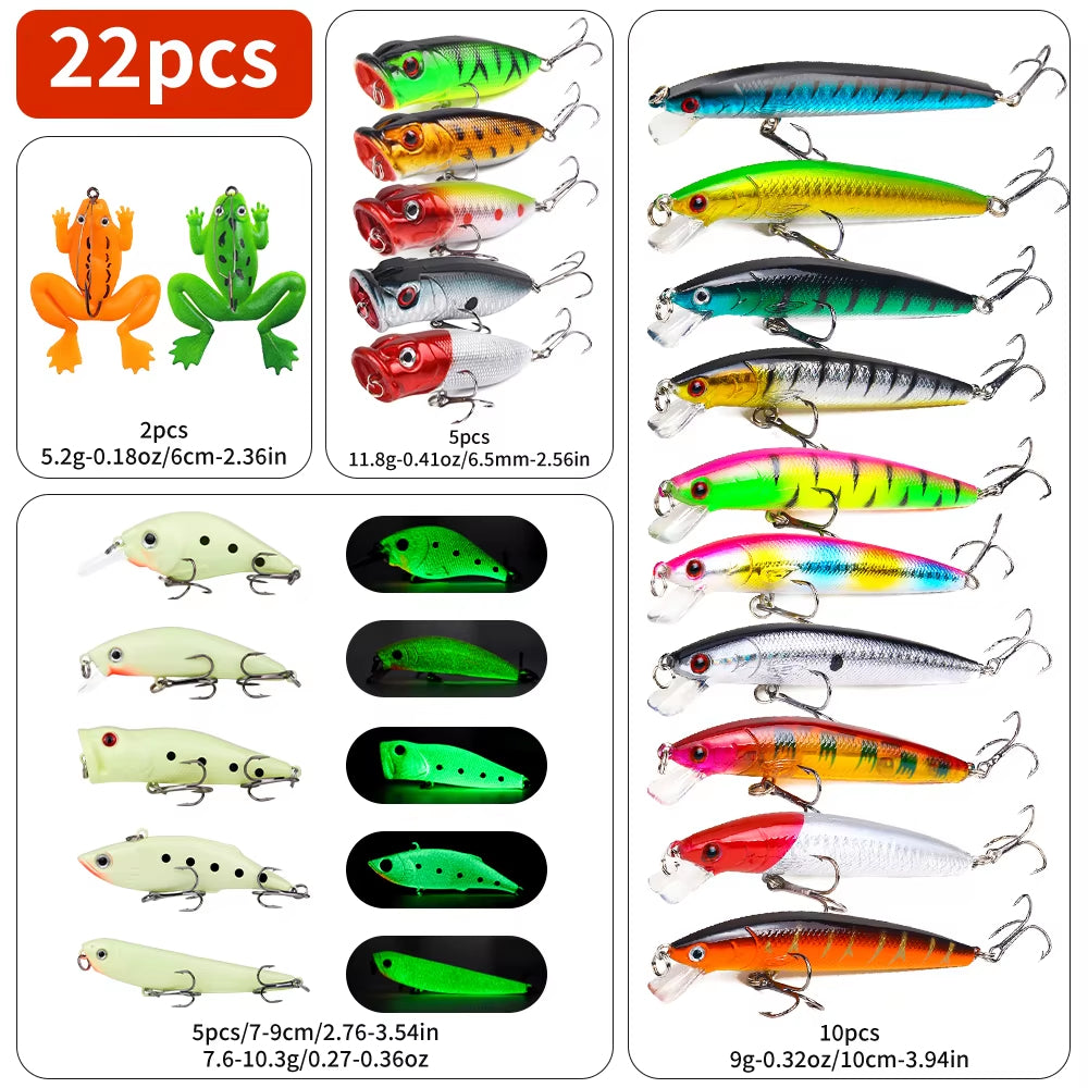 22-Piece Hard Lure Bait Kit - Topwater Fishing Lures Set