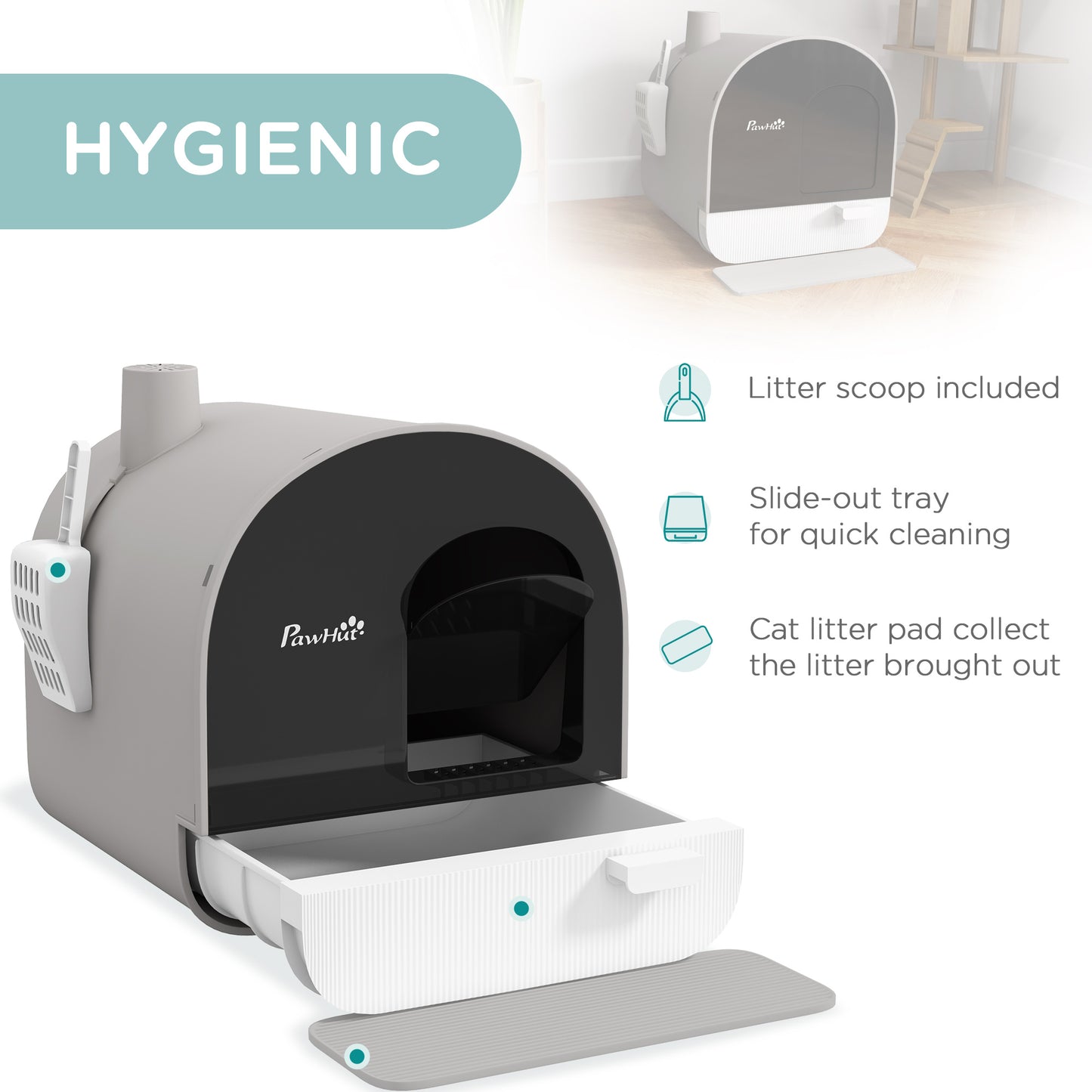 Hooded Cat Litter Box with Scoop & Filter - Light Gray, 475x455x460mm