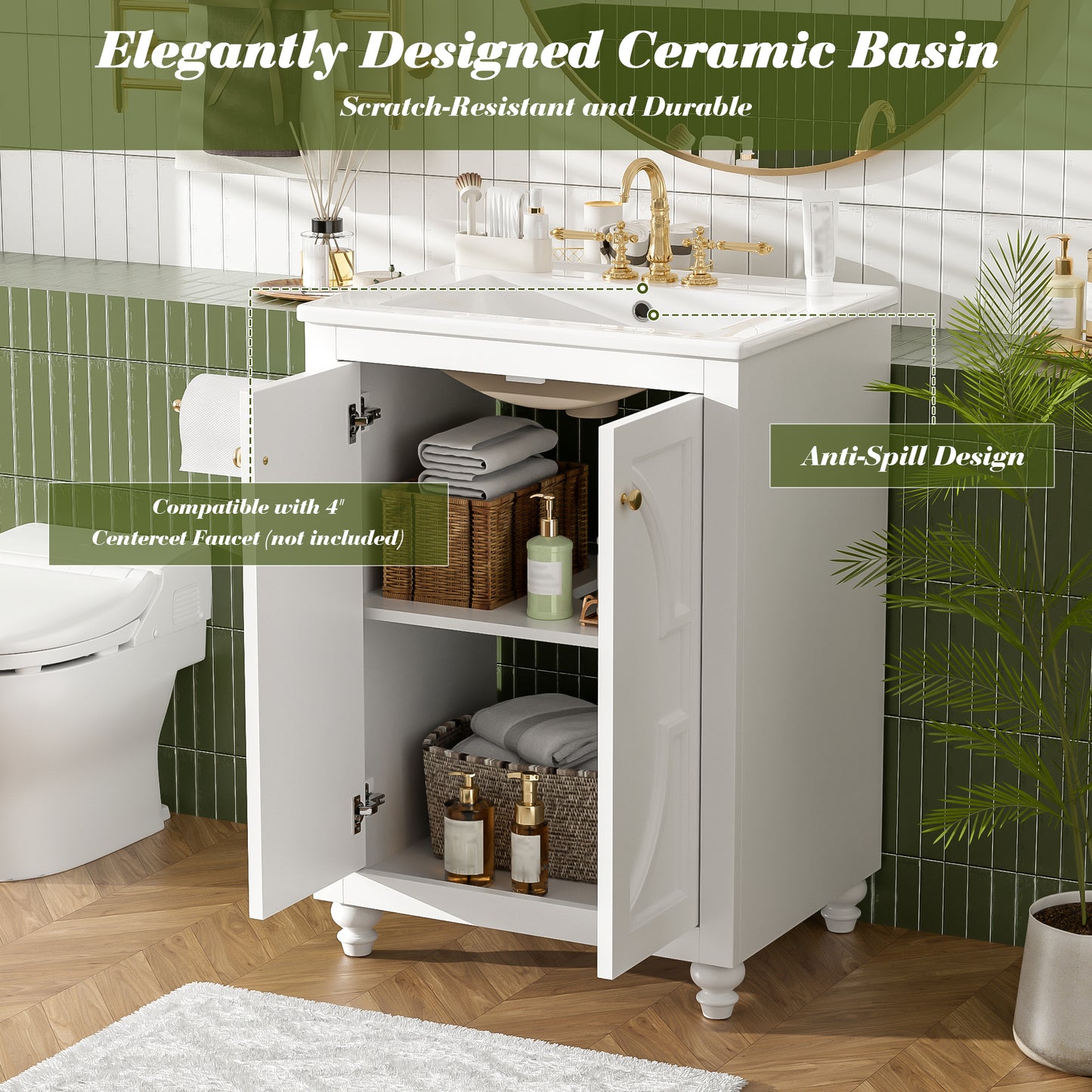 Modern 24" Bathroom Vanity with Ornate Design & Soft-Close Hinges - White