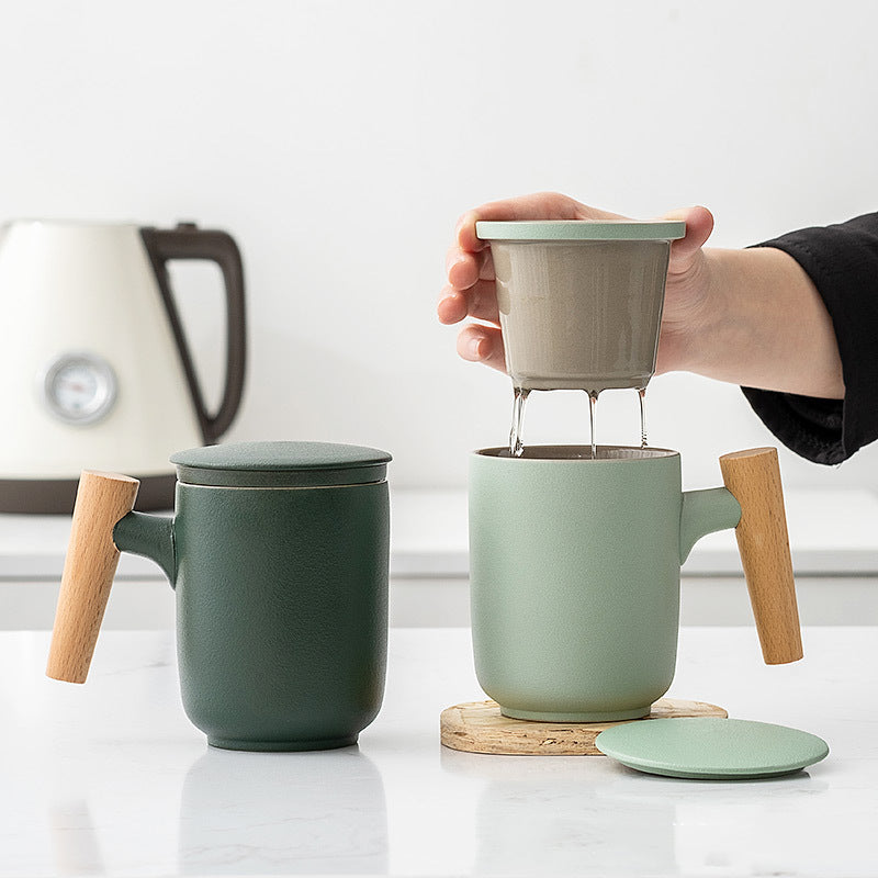 Ceramic Frosted Mug with Wooden Handle - Household Office Drinkware Set