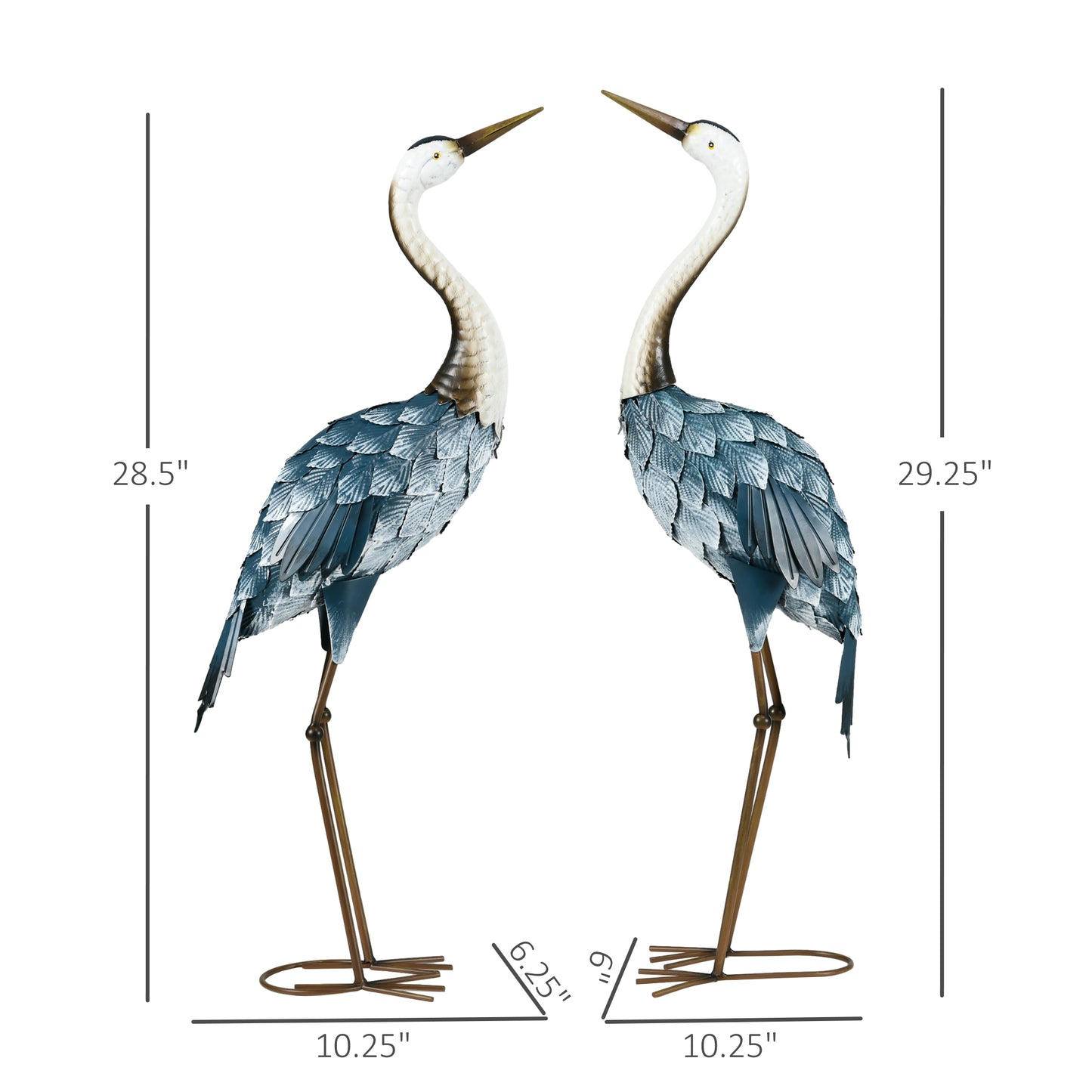 Crane Garden Statues Set - 29" & 28.5" Metal Bird Sculptures - Blue