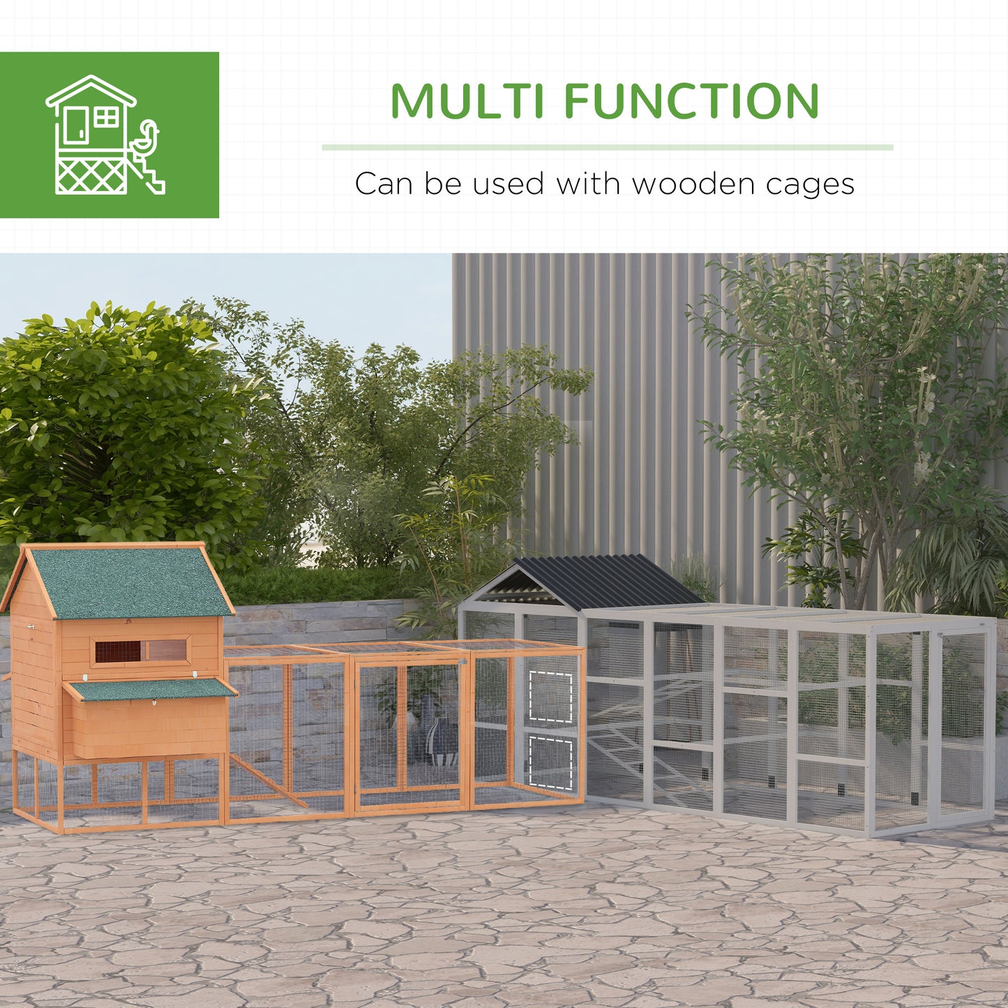 Wooden Chicken Coop Run for 6-10 Chickens with Storage and Perches - Gray, 141.75 x 48 x 61 inches