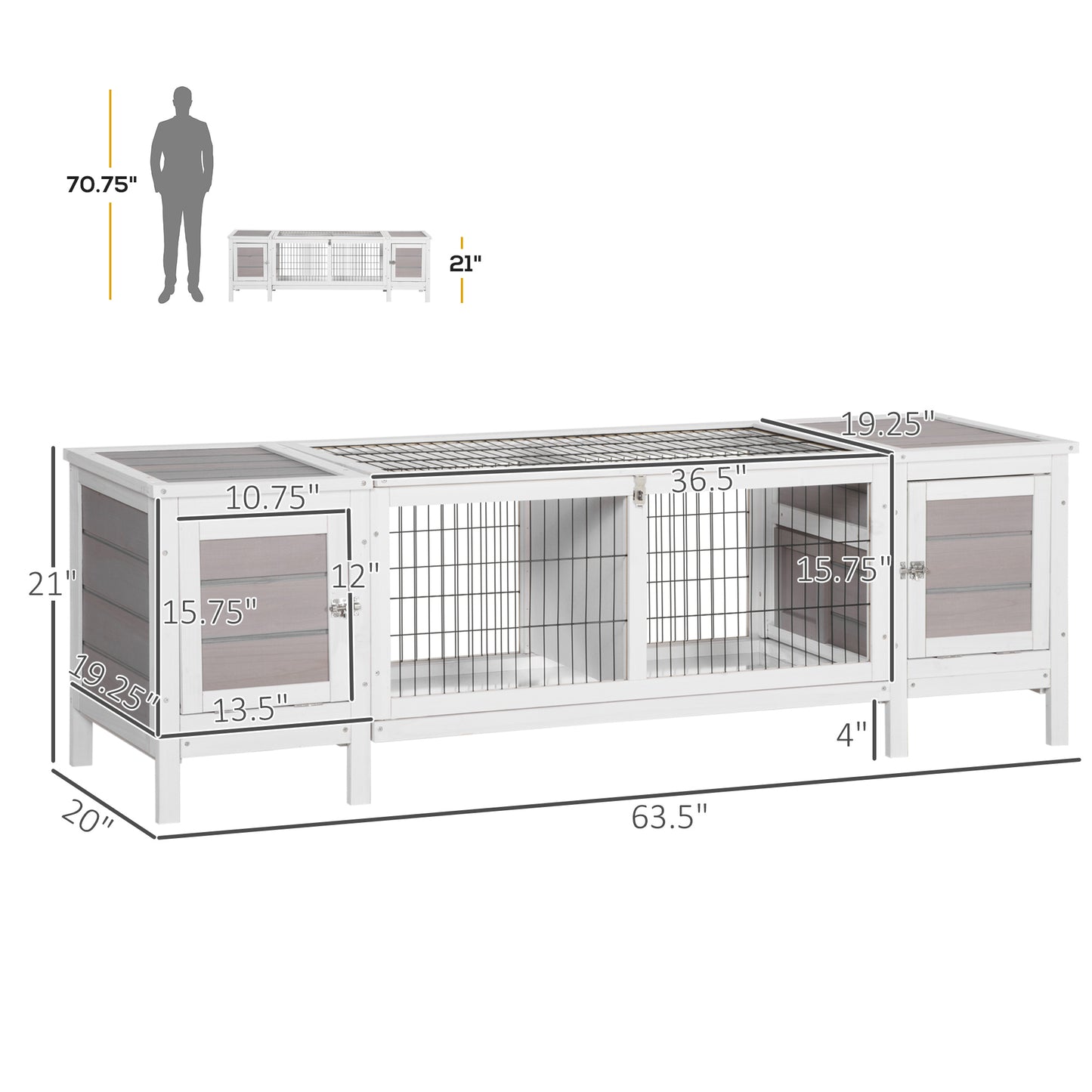 Indoor Rabbit Hutch with Pull-Out Tray and Divided Board - White, 970x560x260mm