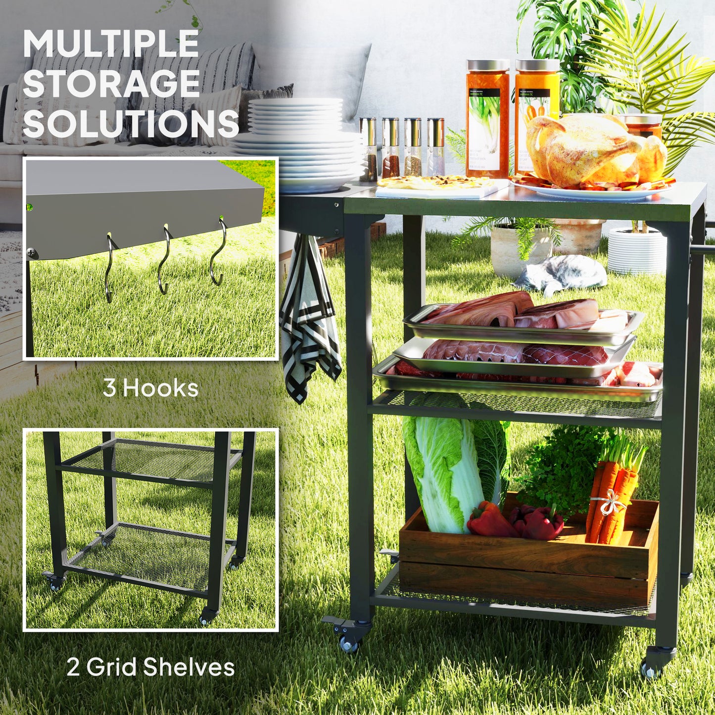 Three-Shelf Stainless Steel Outdoor Grill Cart with Foldable Side Table
