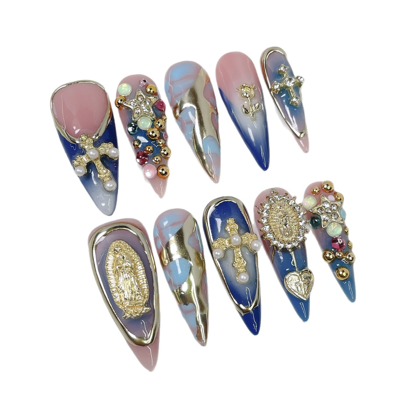 Long Pointed Nail Art Kit with Gradient Effect - Retro, Trendy Nail Tips