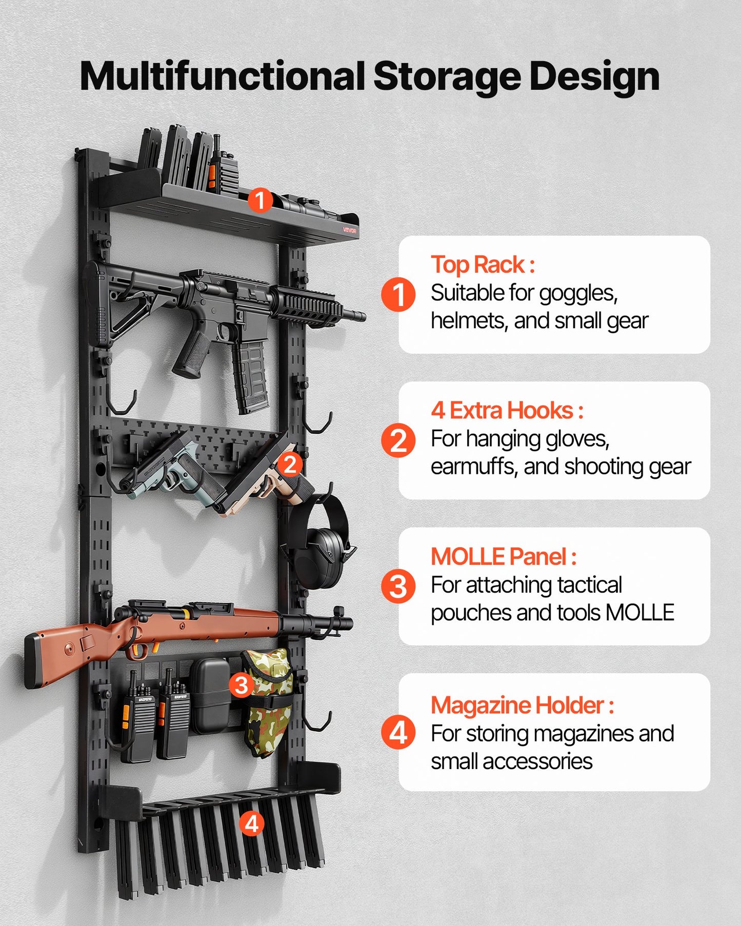 Wall Mount Gun Rack for Rifles & Shotguns – Heavy Duty Steel, Holds 5 Firearms with Magazine & Tactical Storage