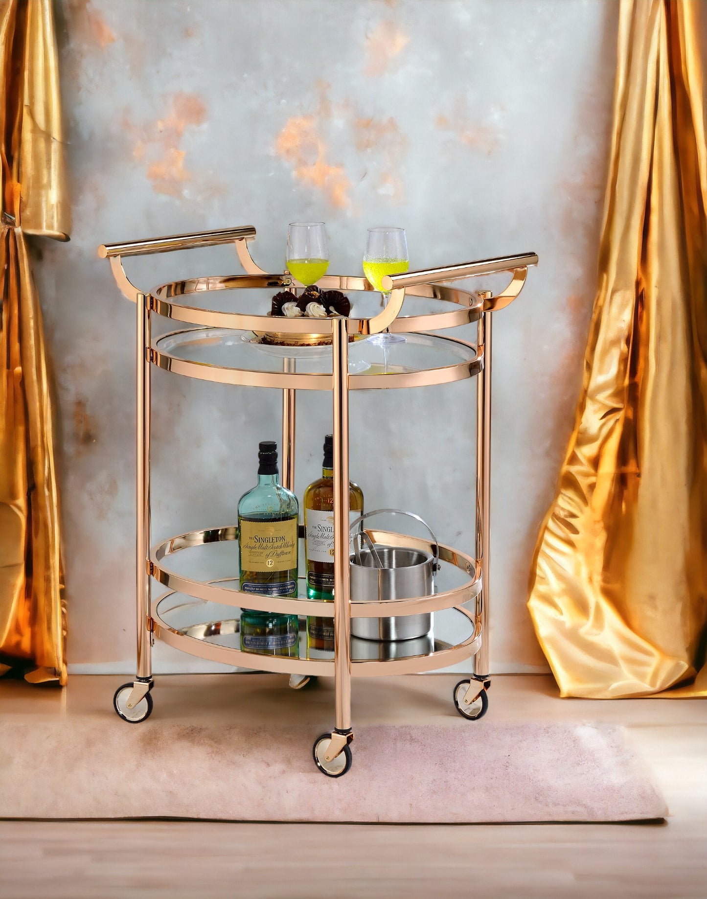 Clear Glass Serving Cart with Rose Gold Finish