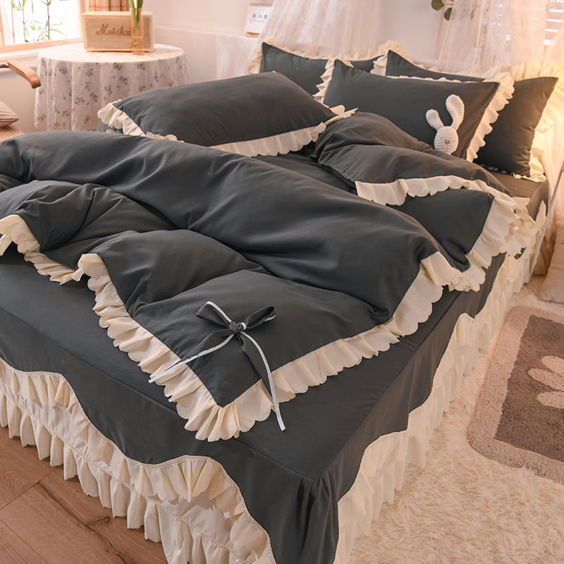 Luxury Four-Piece Lotus Leaf Lace Bed Sheet Duvet Cover Set with Bed Skirt