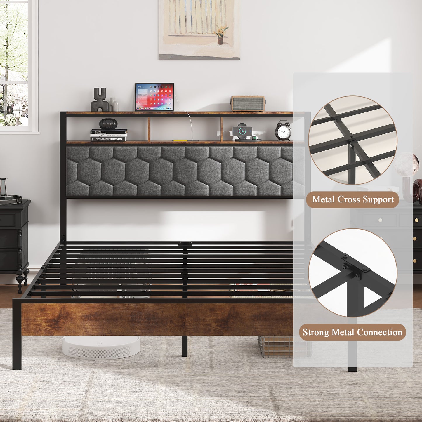 Full Wood Platform Bed Frame with Upholstered Headboard, USB Ports & Underbed Storage