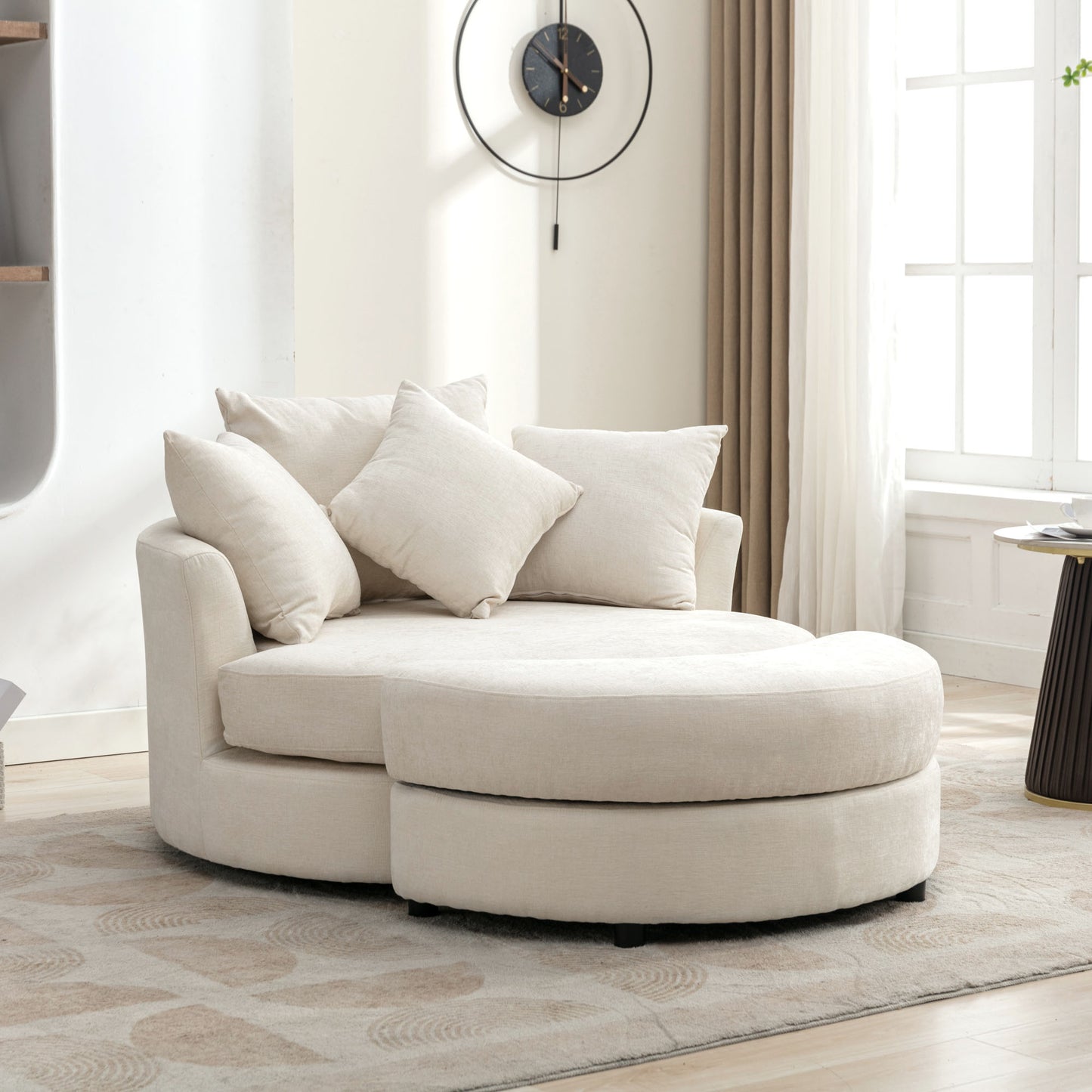 360° Swivel Accent Barrel Chair with Storage Ottoman & 4 Pillows - Cream