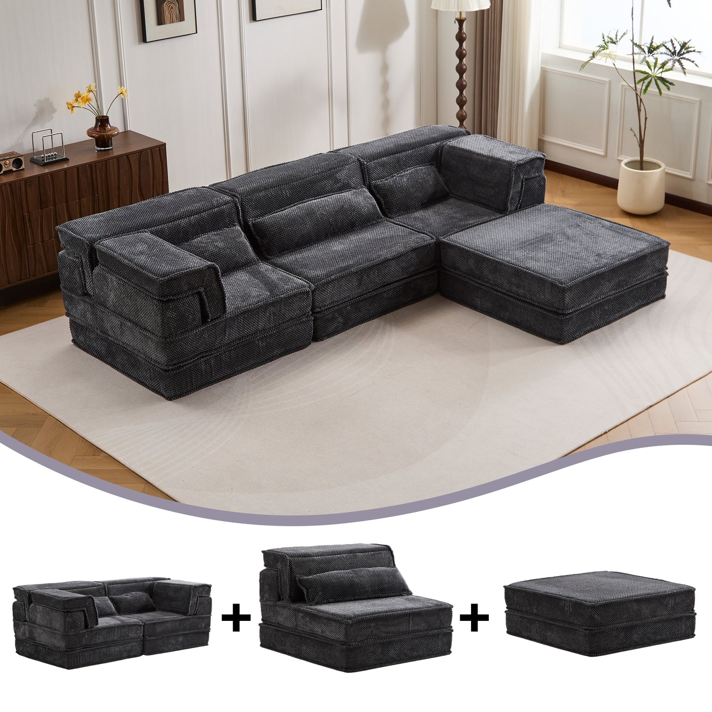 Convertible Floor Sofa Bed with Ottoman - Dark Grey
