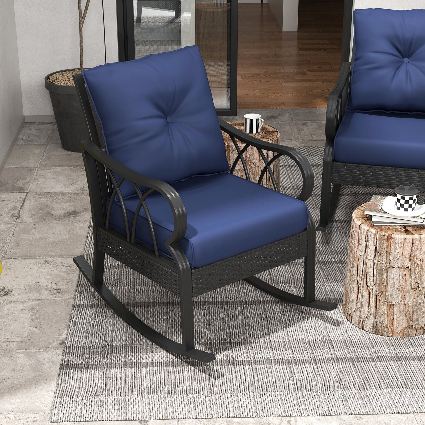 2 Piece Outdoor Rattan Rocking Chair Set with Cushions - Blue