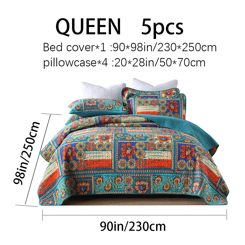 Full Queen & King Reversible Cotton Bedspread Set with Bohemian Patchwork Design