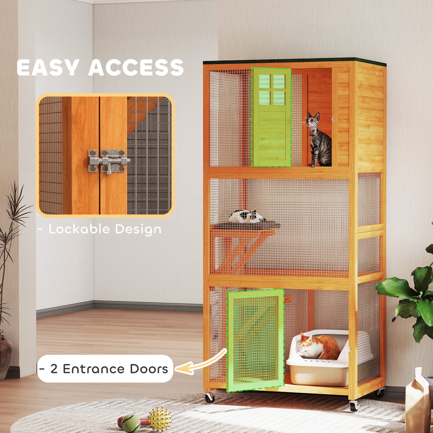 74-Inch Wooden Outdoor Cat House Catio Enclosure with Perches - Orange