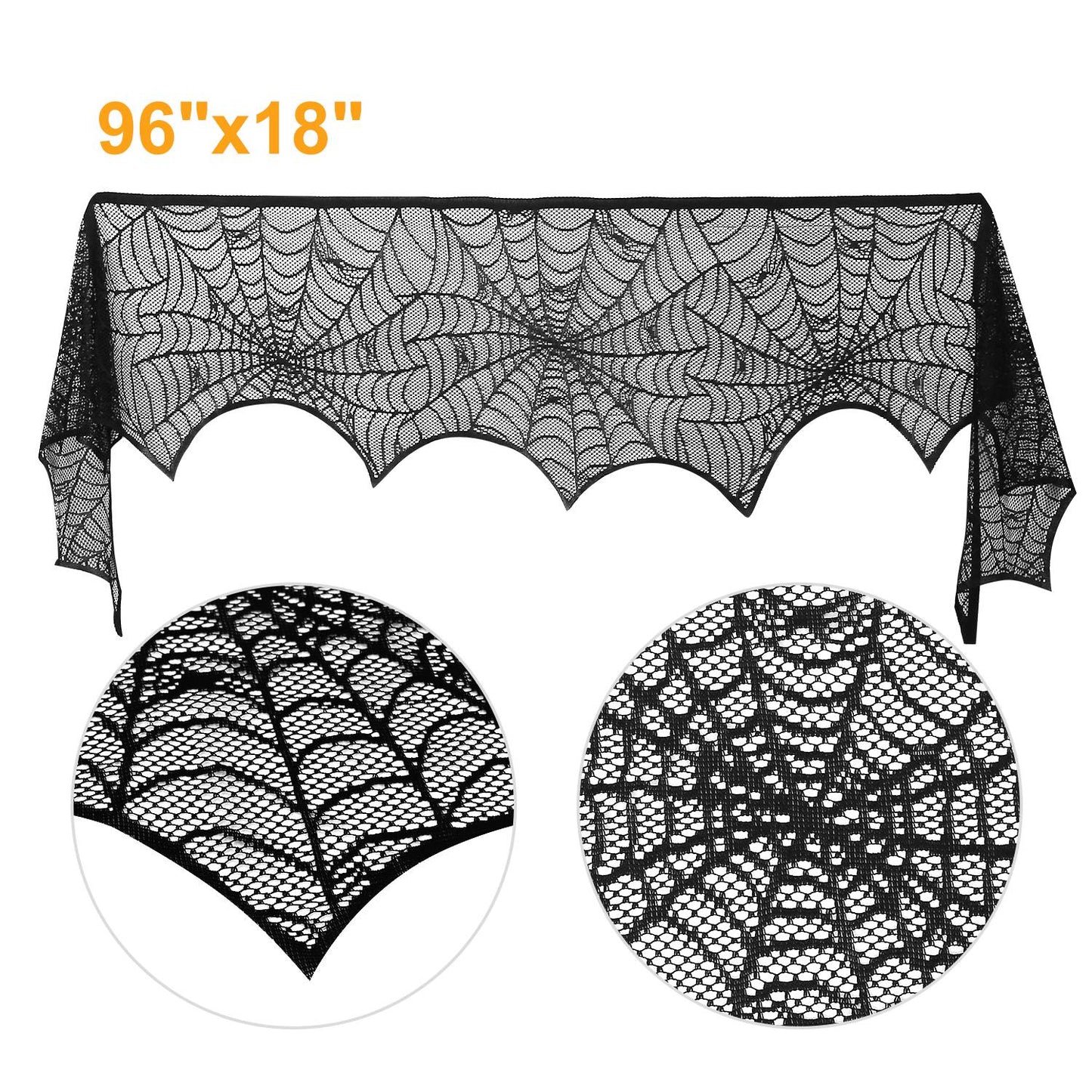 Halloween Black Lace Spiderweb Mantle Scarf - 96 x 18 Inch