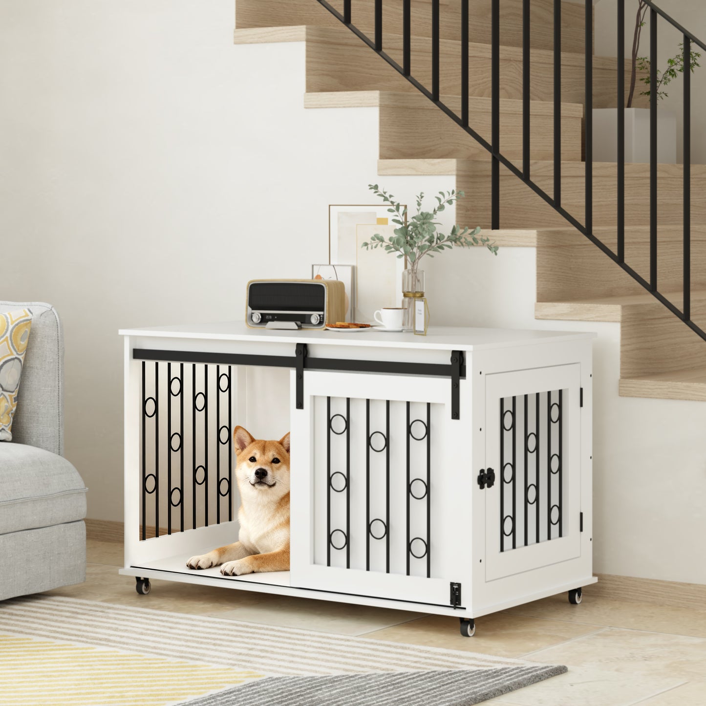 Modern Wooden Dog Crate with Sliding Barn Door – White