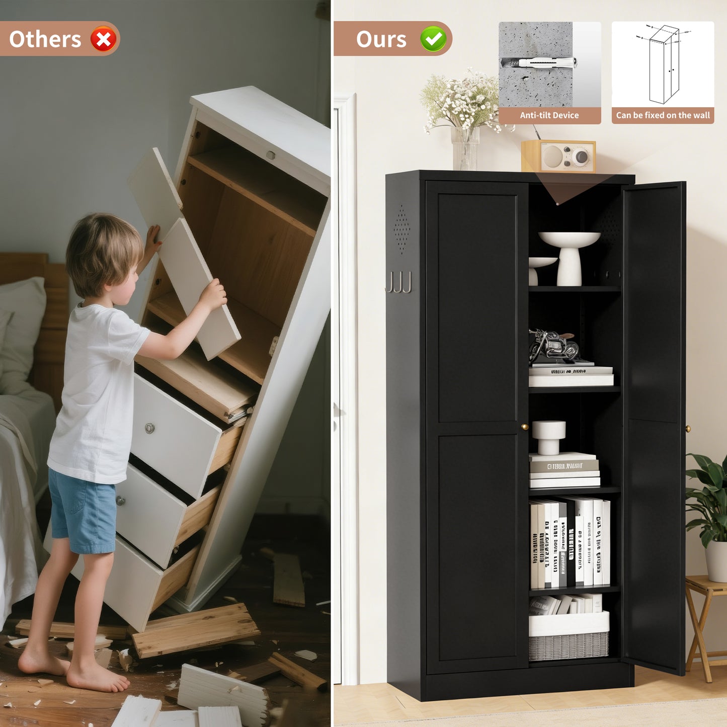 61 Black Metal Kitchen Pantry Cabinet Adjustable Storage With 4