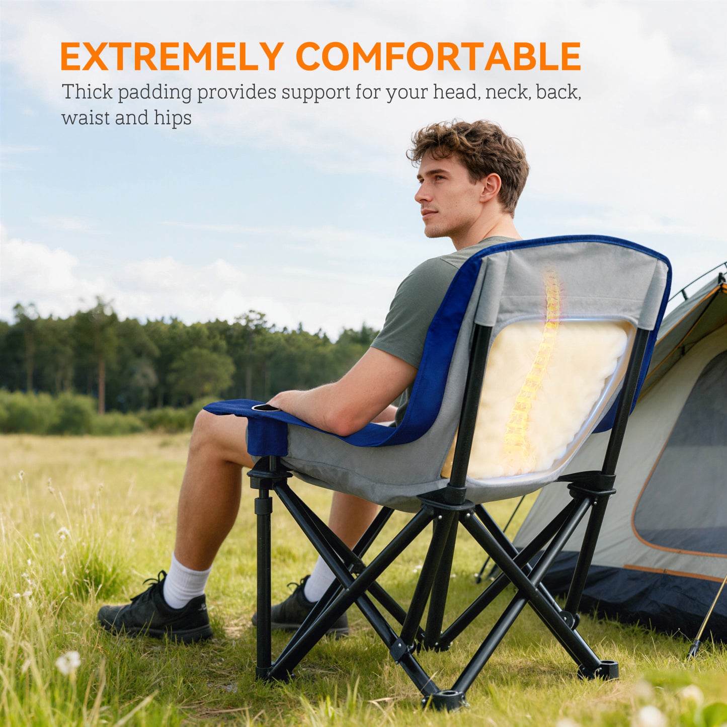 Portable Camping Chair with Cup Holders & Side Pockets - Blue/Gray