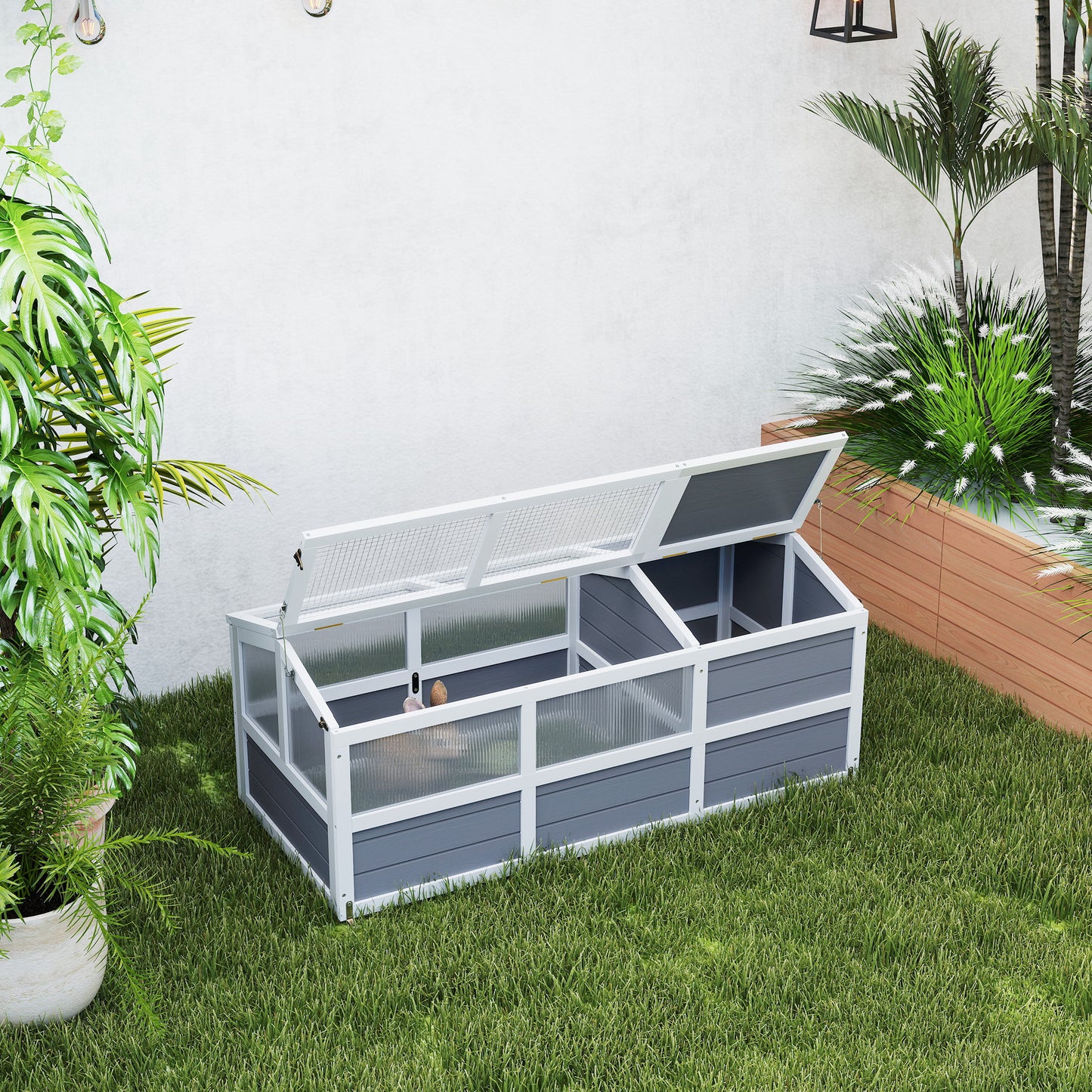 Wooden Tortoise Habitat Outdoor with Bottomless Design Doors Windows for Small Animals