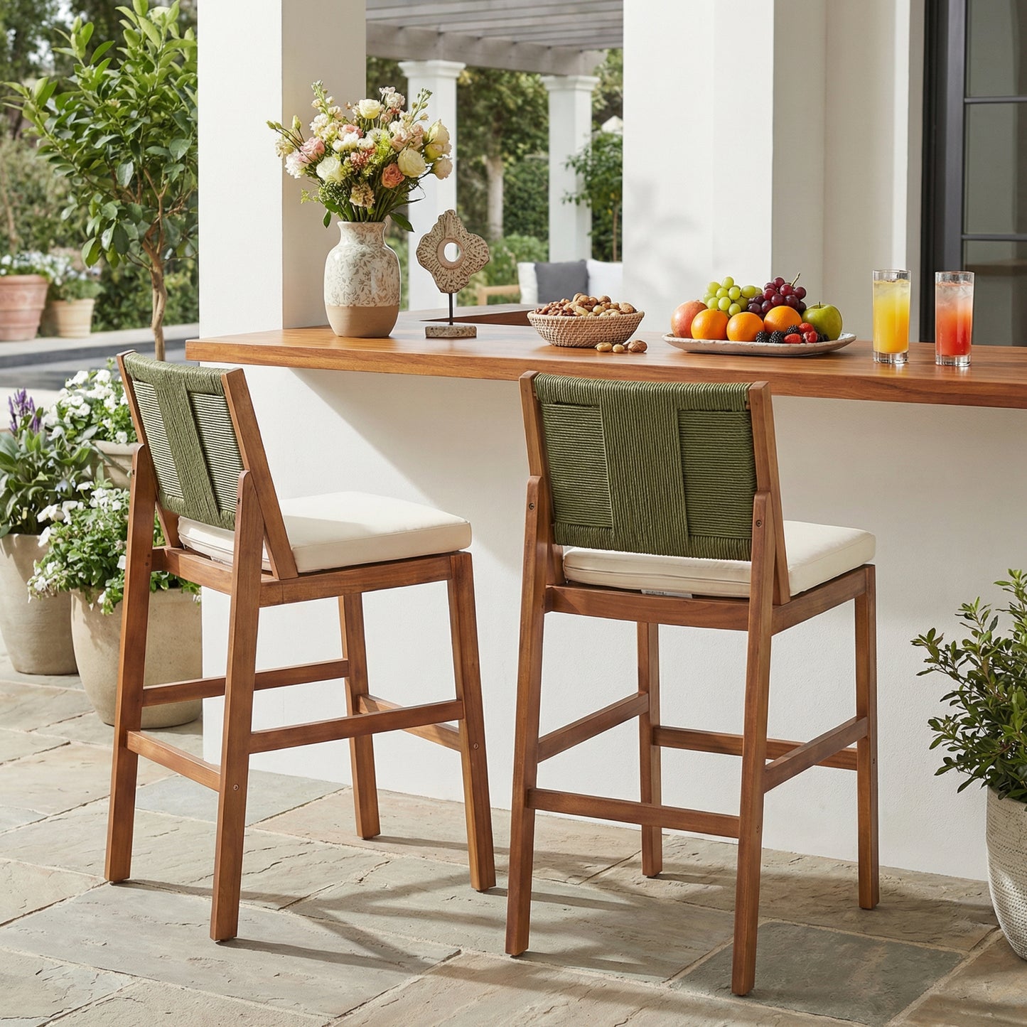 Outdoor Acacia Wood Bar Stools Set of 2 with Cream Cushion & Wicker Back