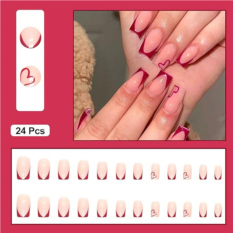 Valentine's Day Press On Nails - Medium Square French Tip Heart Design
