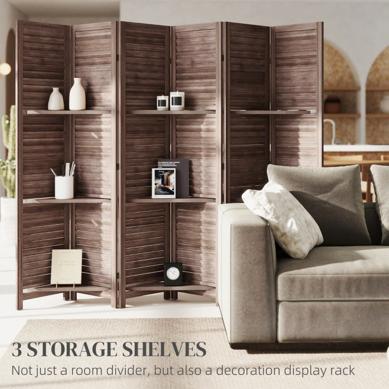 Wood Privacy Screen Room Divider with 3 Shelves - Walnut