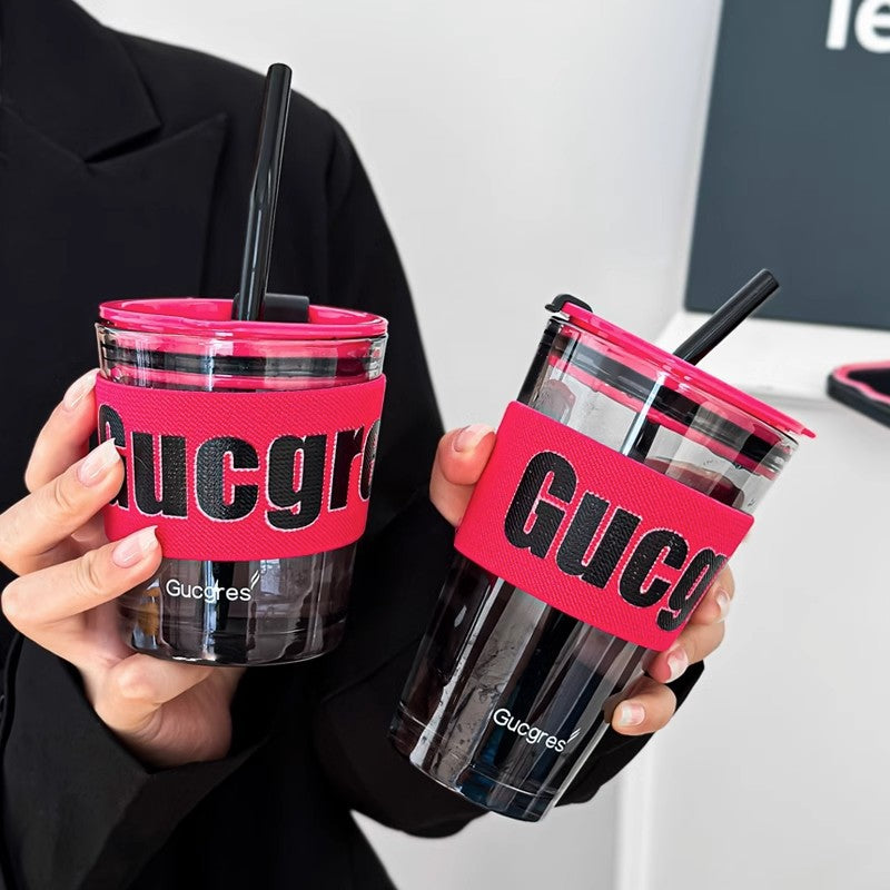 Portable Coffee Cup with Rose Red Design, Leak-Proof & Heat Insulated