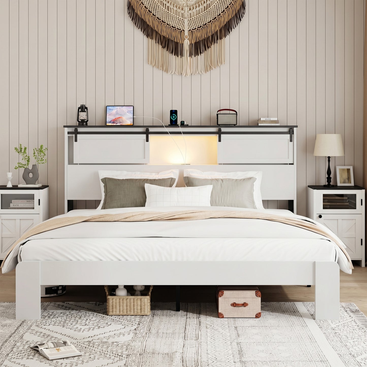 King Metal Platform Bed Frame with Charging Station - White