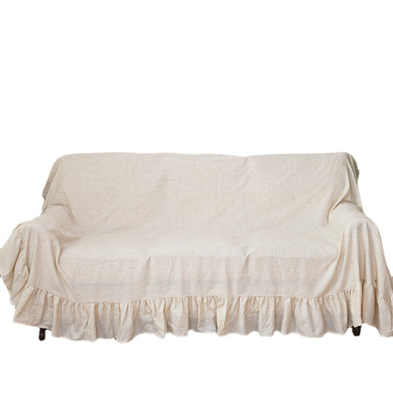 Linen-Colored Ruffled Edge Sofa Cover - Full-Cover Dust Protector