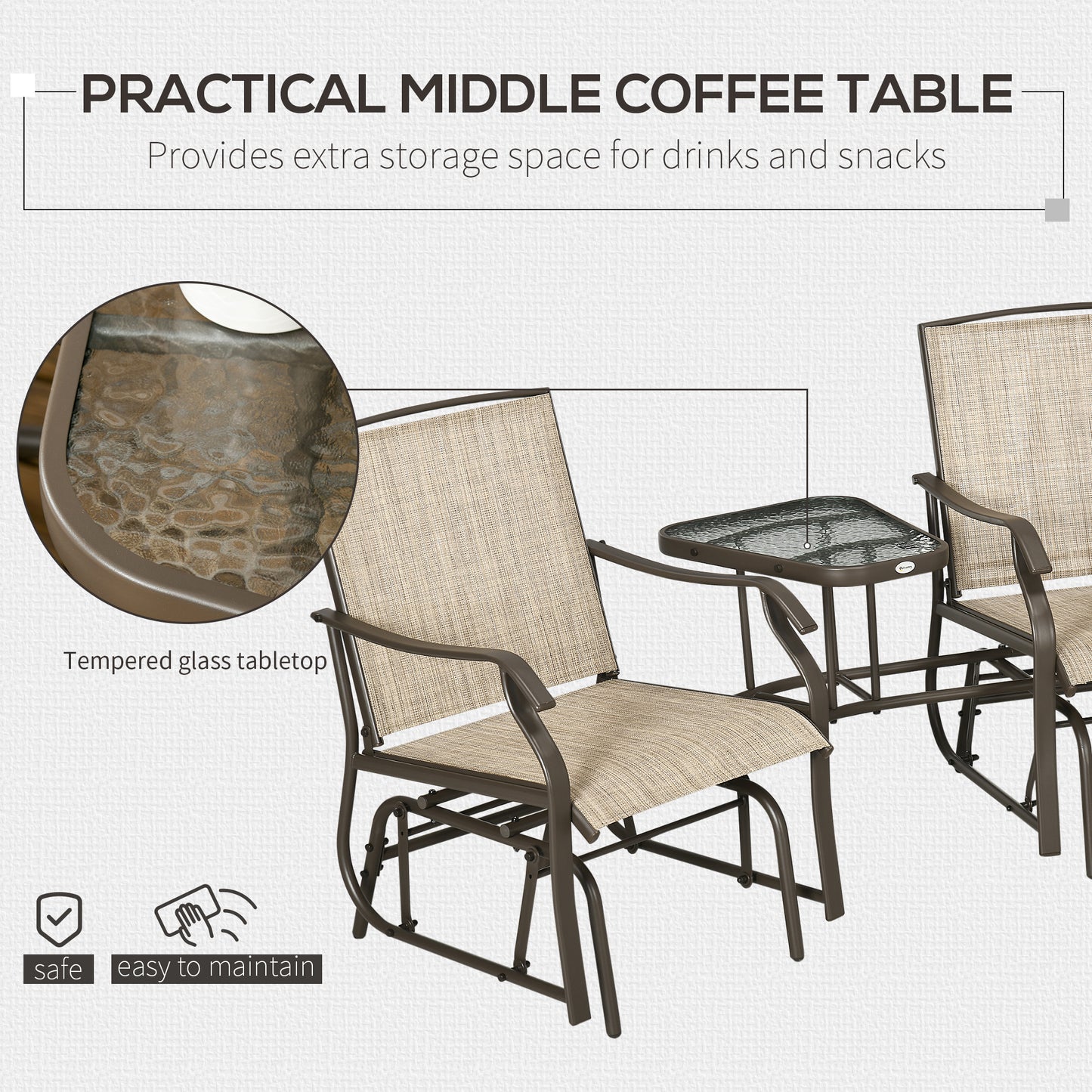 Outdoor Glider Chair with Coffee Table - 2-Seat Rocking Loveseat