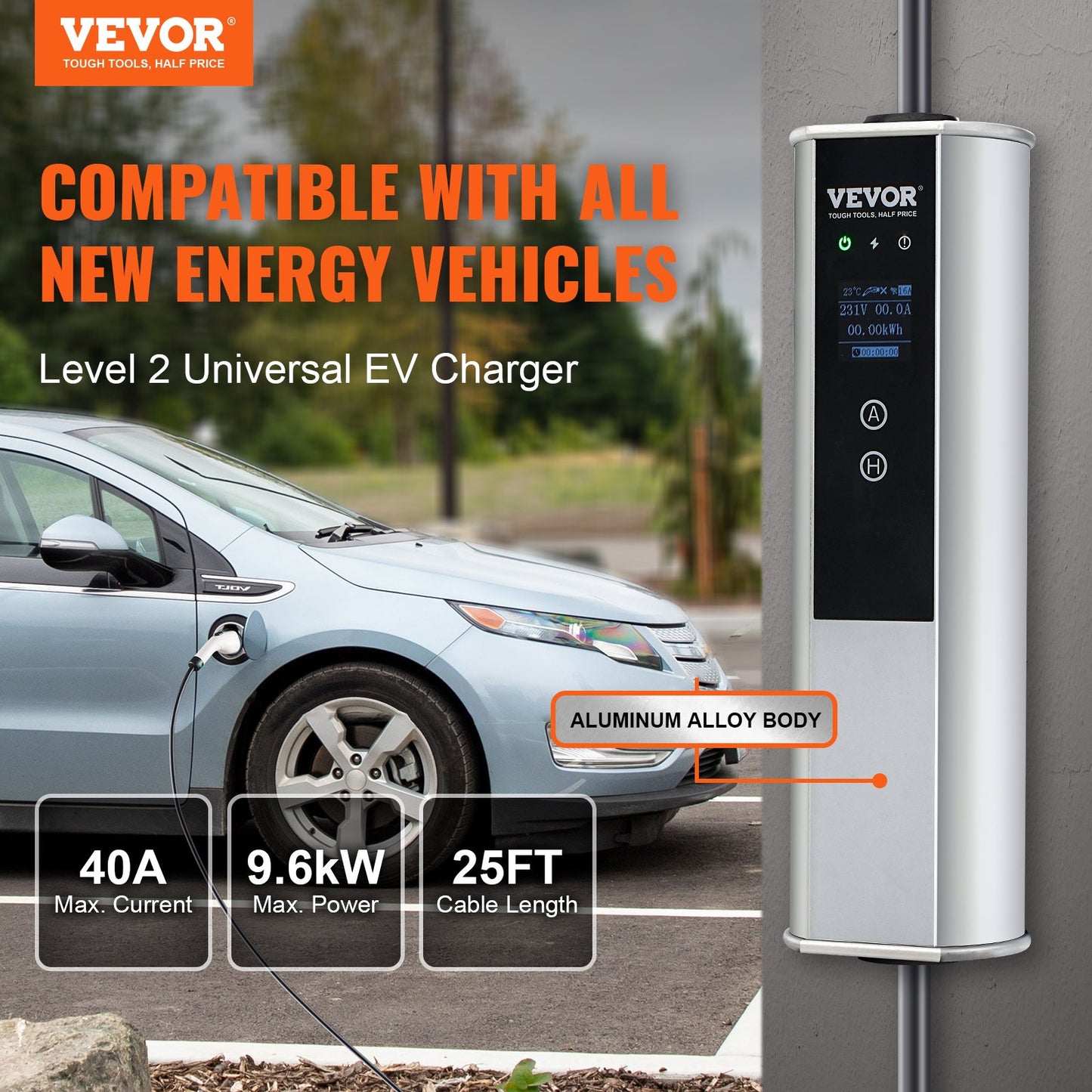 Portable Level 2 EV Charger 40A 240V with 25 Ft Cable & App Control