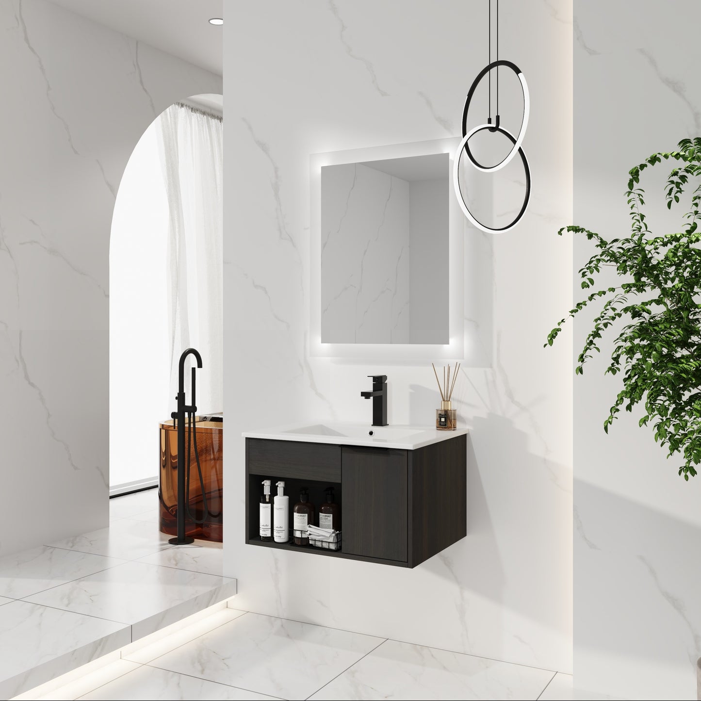 24" Wall-Mounted Bathroom Vanity with Ceramic Sink - Dark Oak